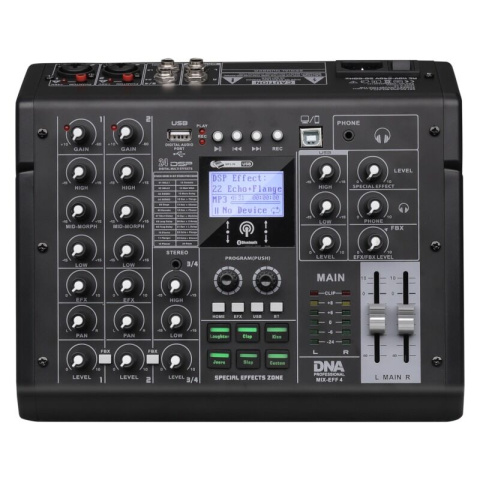 DNA MIX-EFF 4 analogowy mikser dźwięku 4 kanały USB MP3 Bluetooth Phantom +48V DSP EQ efekty dźwiękowe DNA MIX-EFF 4 analogowy mikser dźwięku 4 kanały USB MP3 Bluetooth Phantom +48V DSP EQ efekty dźwiękowe